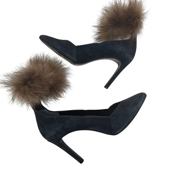 Maje Blue Suede Heels Detachable Brown Faux Fur Cuffs Pointed Toe 37 US 6.5 - Picture 3 of 12